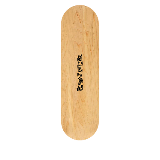 Natural wood skate deck with a black "GAMERSUPPS" logo in stylized block letters down the center