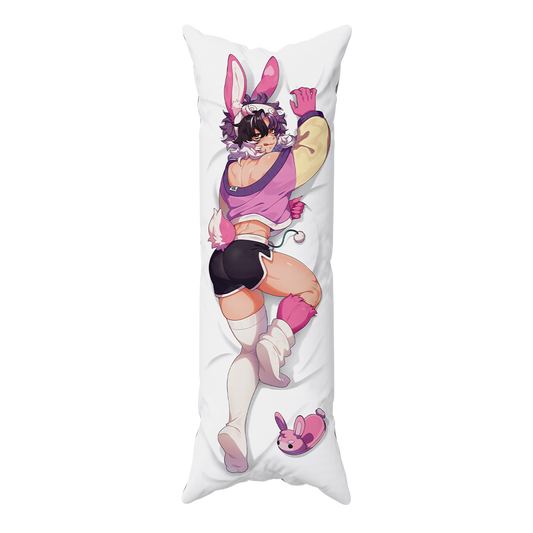 A long white body pillow featuring a printed anime-style bunny-themed character in pink, purple, black, and white, with a small matching bunny slipper graphic near the bottom.