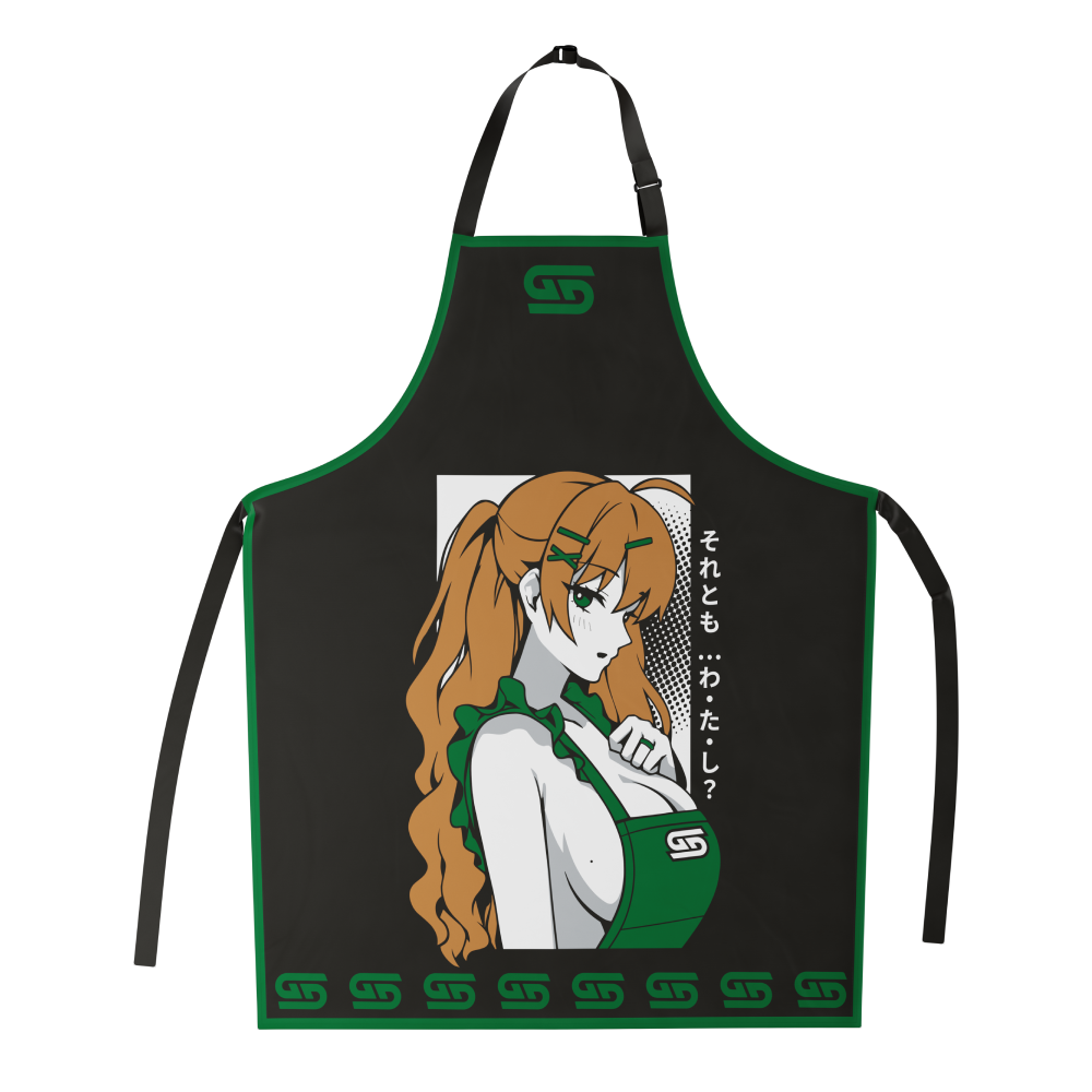 Black apron with green trim featuring an anime-style red-haired girl in a green outfit and Japanese text on the front.