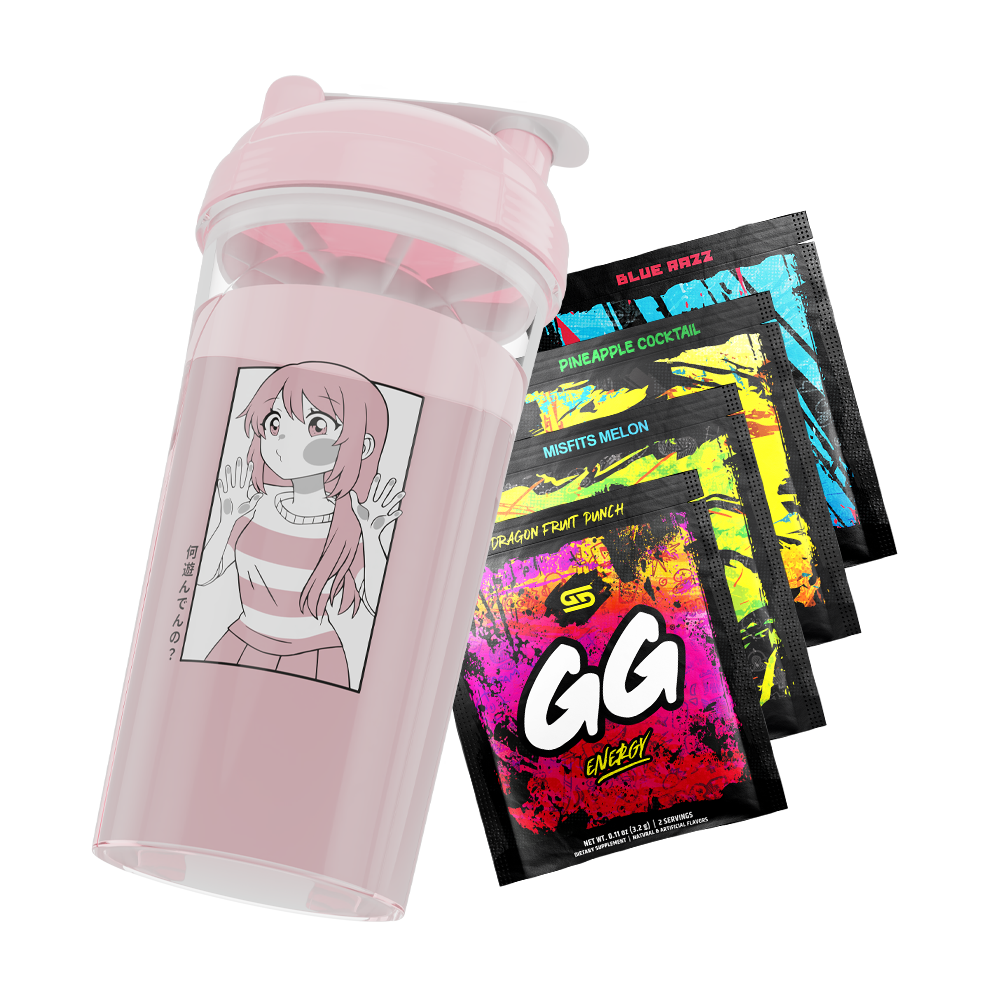 Pink shaker cup with anime girl graphic and four colorful GG Energy drink mix packets in blue, yellow, green, and red.