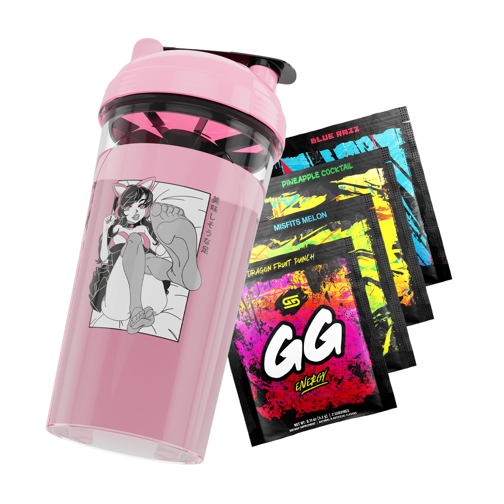 Pink shaker cup with anime girl illustration and four colorful GG Energy drink mix packets.
