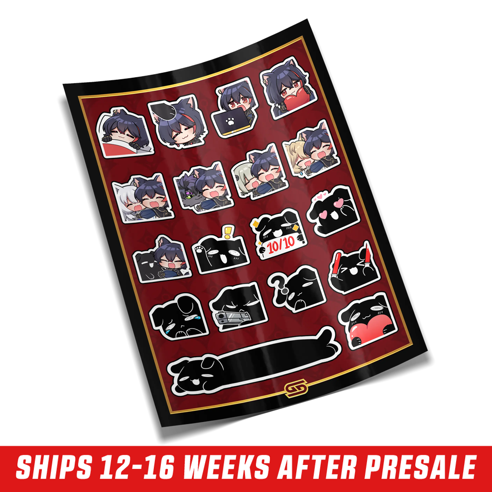 Sticker sheet with chibi cat-eared characters and black cartoon dog emojis on a dark red background with gold trim.