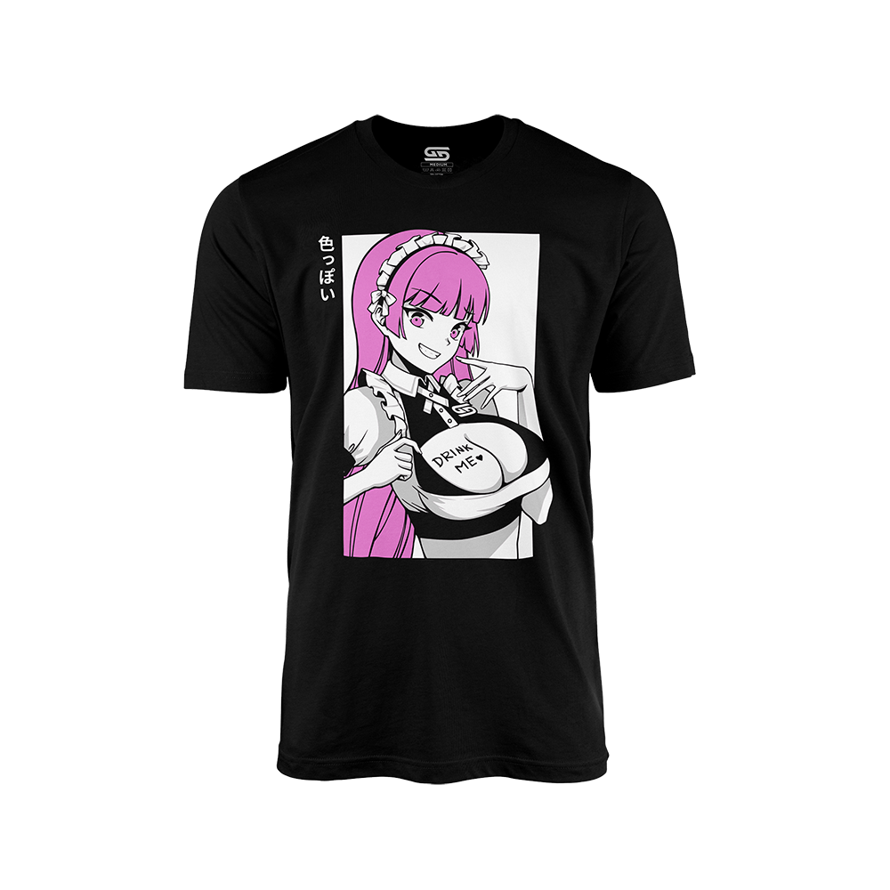 Black t-shirt with anime maid character with pink hair holding a sign reading "Drink Me" on her chest.