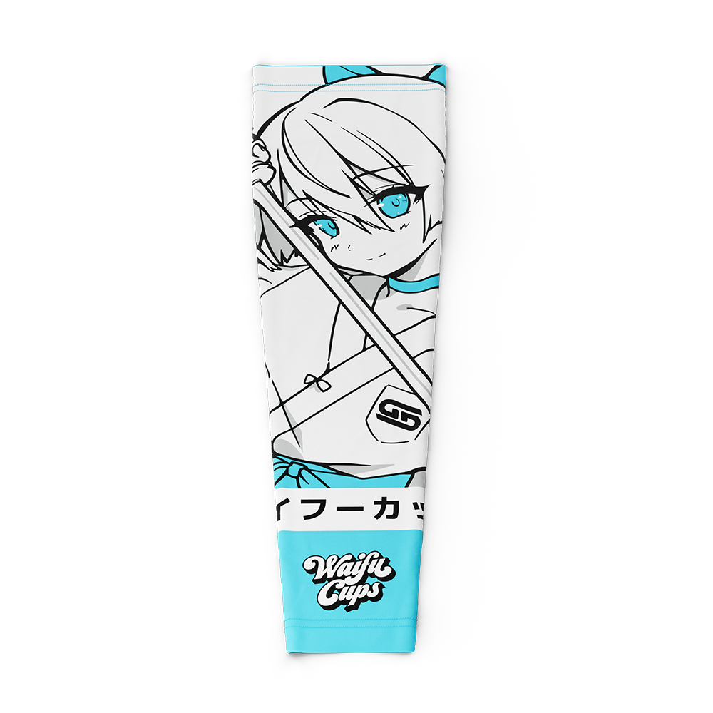White and blue gaming sleeve featuring an anime samurai girl with bright blue eyes and a sword.