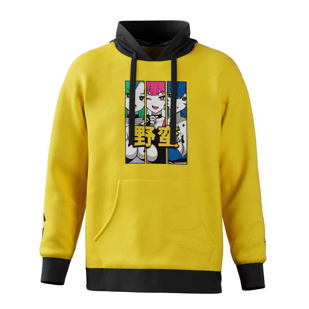Yellow hoodie with black hood and cuffs featuring three anime girls with green, pink, and blue hair in panels.