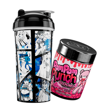 Black shaker cup with blue manga-style characters and pink Pom Pom Punch Gloomy tub with bear and dripping design.
