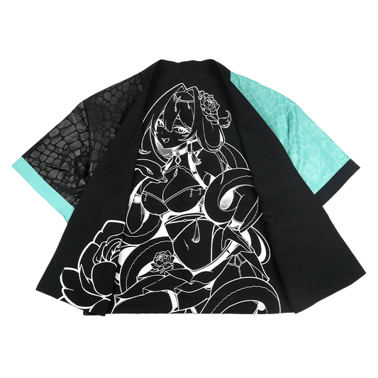 Black and turquoise kimono with white interior and exterior designs and a snake scale finish