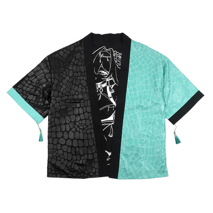 Black and turquoise kimono with white interior and exterior designs and a snake scale finish