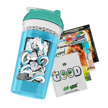Blue and teal shaker bottle with cartoon design