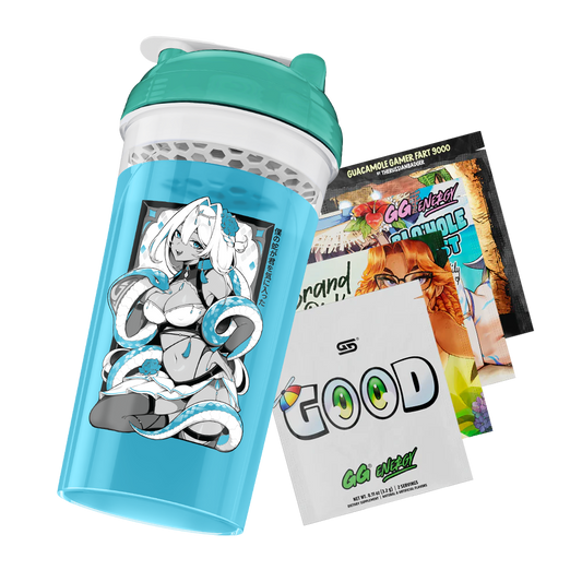 Blue and teal shaker bottle with cartoon design