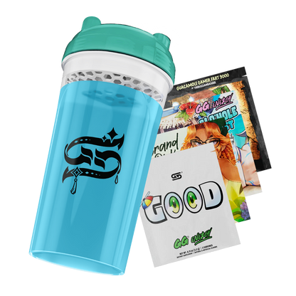Blue and teal shaker bottle with cartoon design