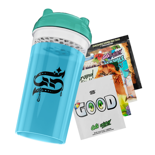 Blue and teal shaker bottle with cartoon design