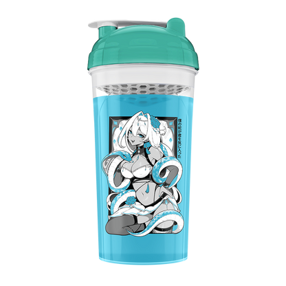 Blue and teal shaker bottle with cartoon design