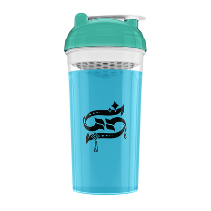 Blue and teal shaker bottle with cartoon design