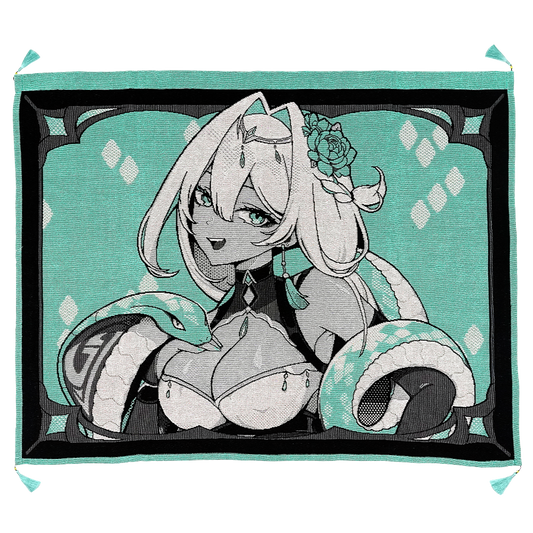 Anime character with white hair and green accents on a teal background