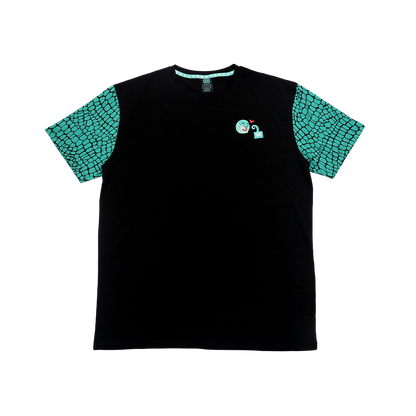 Black t-shirt with turquoise scale patterned sleeves and white design on the back