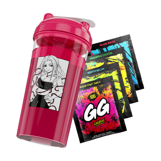 Bright pink shaker cup with anime girl illustration and four colorful GG Energy drink mix packets.