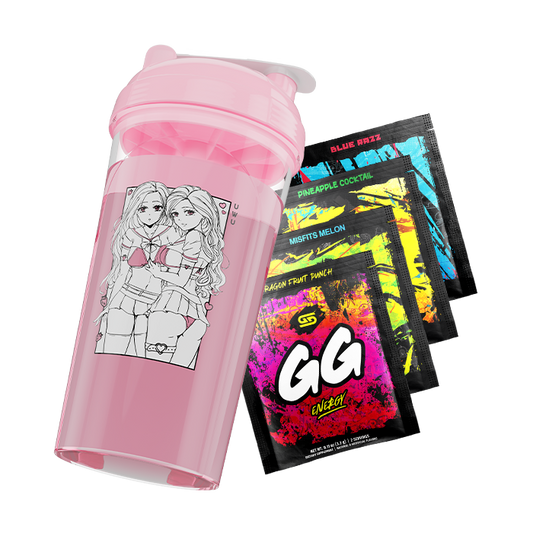 Pink shaker cup with anime-style illustration of two girls in school uniforms beside four colorful energy drink packets