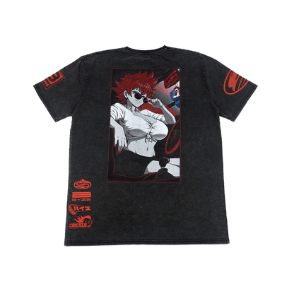 A black acid-wash graphic t-shirt featuring an anime-style illustration of a red-haired woman on the front, with red graphic prints on both sleeves and the lower left leg.