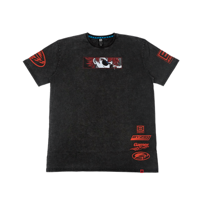 A black mineral-wash short-sleeve t-shirt with red and white graphic prints, including a central rectangular graphic and multiple logos on the sleeves and lower front, displayed against a plain white background.