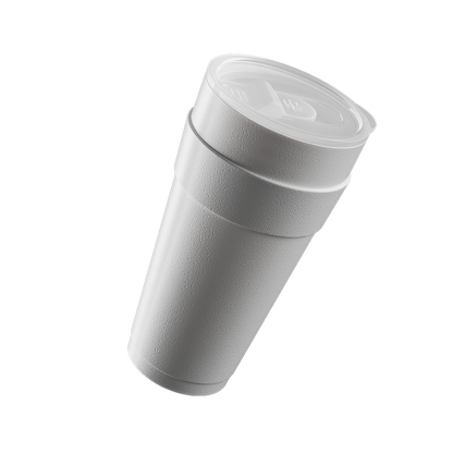 White double-layered foam cup with a clear plastic lid and textured surface angled on white background.
