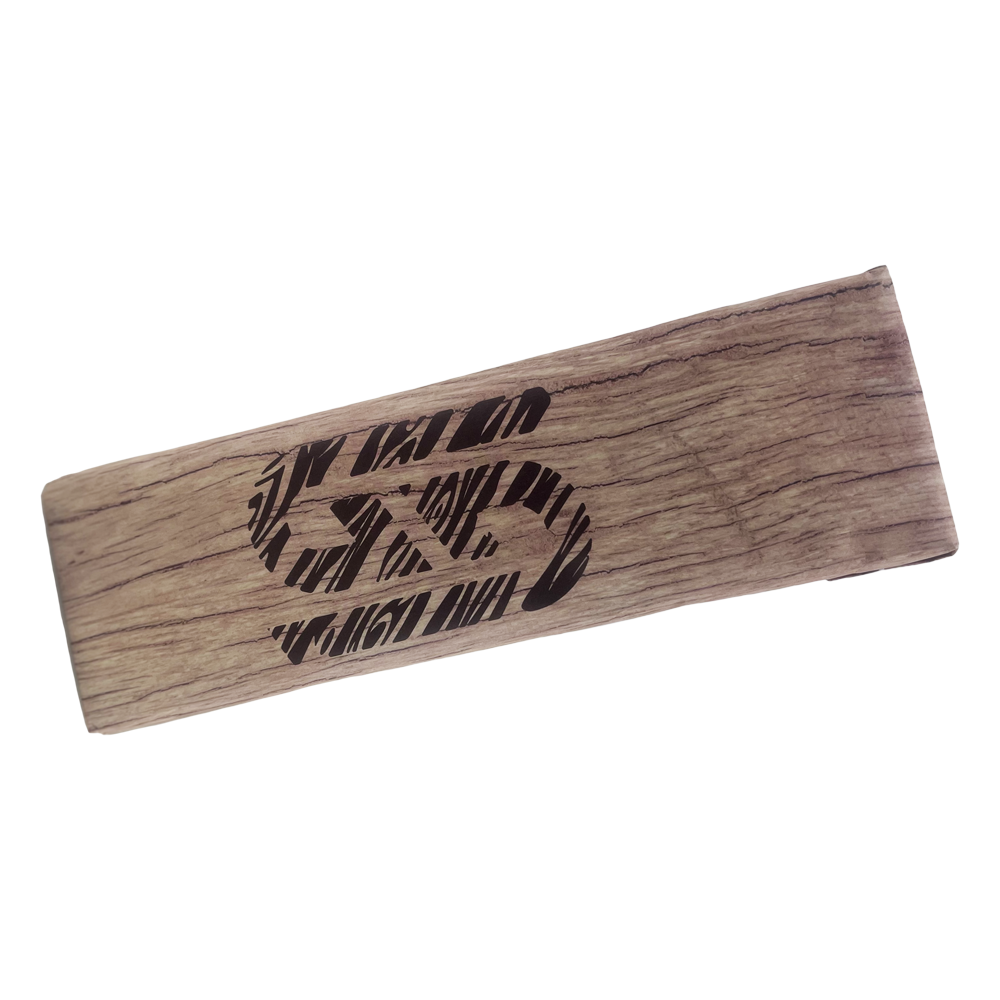 Rectangular woodchip fire log with natural grain texture and a black stylized logo printed on top.
