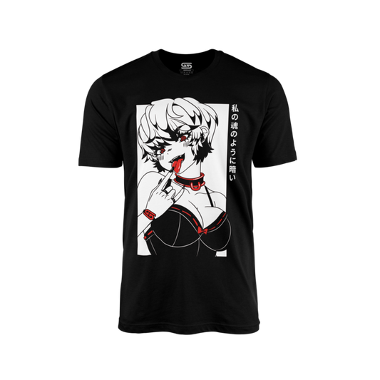 Black shirt with white and red anime girl licking finger, wearing choker and bra, with Japanese text on side.