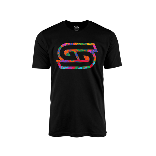 Black tee with a large colorful graffiti-style stylized "GS" logo centered on the chest.
