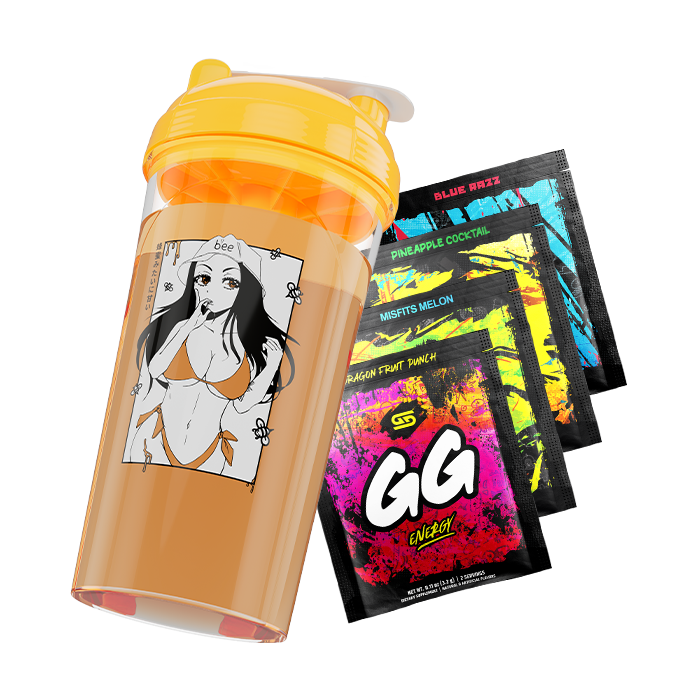 Transparent orange shaker cup with yellow lid featuring anime girl in orange bikini and four colorful energy drink packets