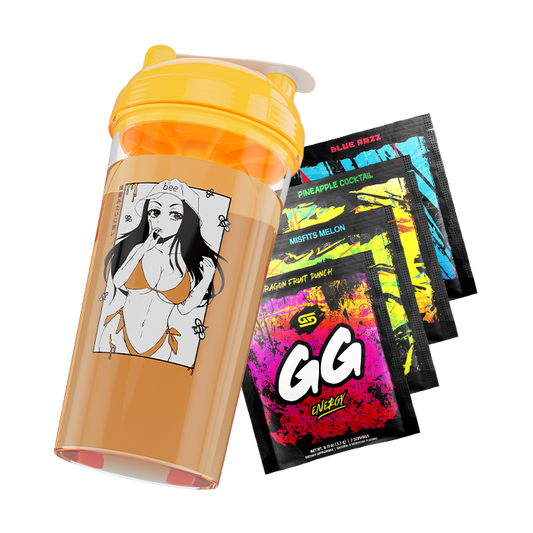 Transparent orange shaker cup with yellow lid featuring anime girl in orange bikini and four colorful energy drink packets