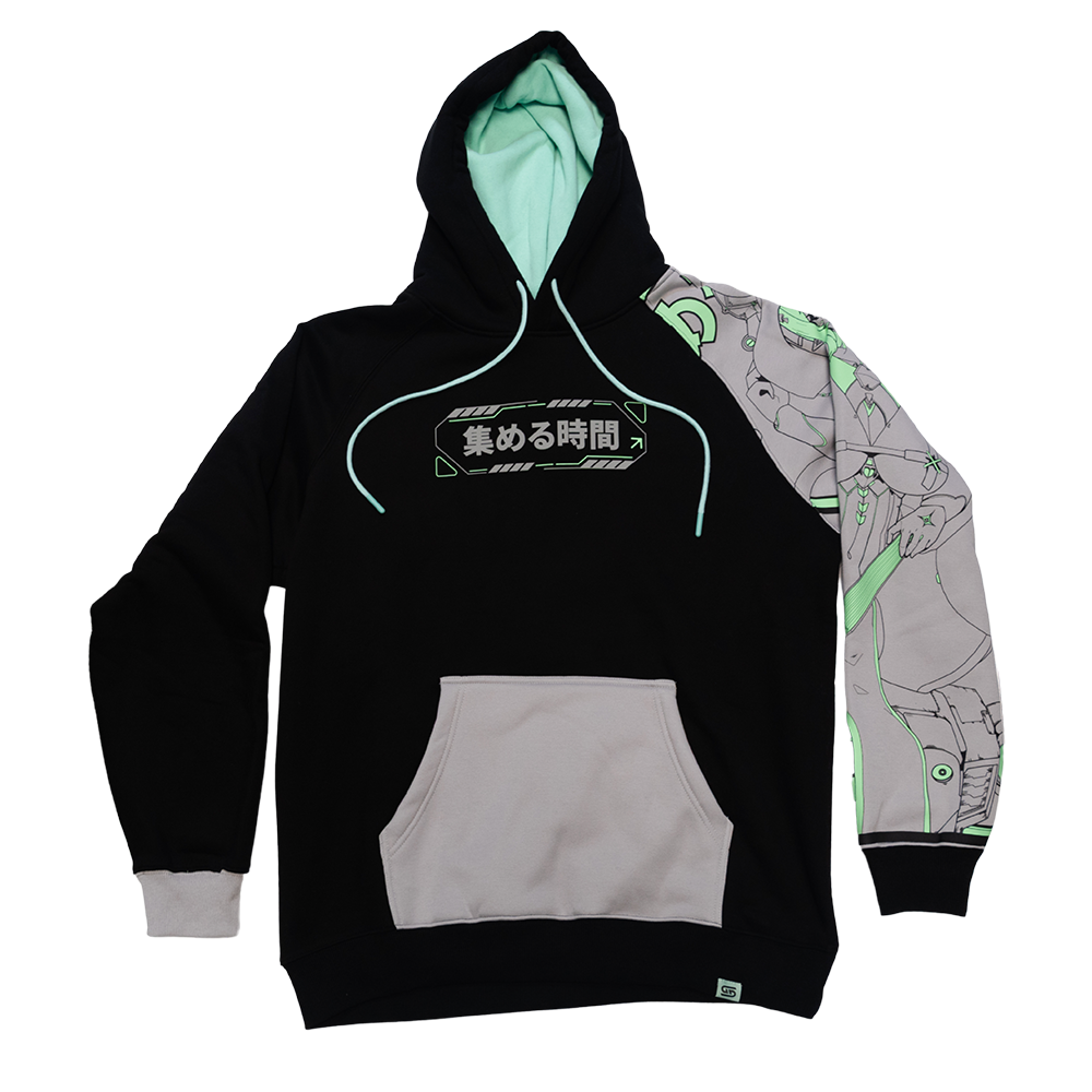 Black hoodie sizing chart showing measurements for sizes S to 6XL including length, sleeve, bust, and shoulder widths.