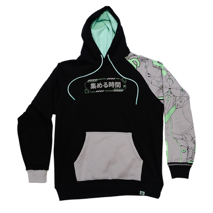 Black hoodie sizing chart showing measurements for sizes S to 6XL including length, sleeve, bust, and shoulder widths.