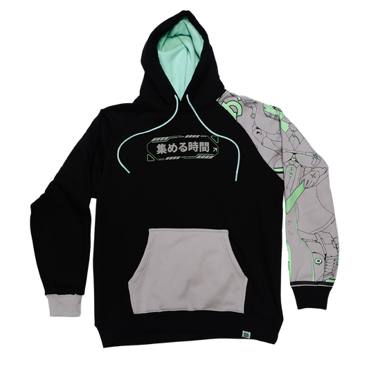 Black hoodie sizing chart showing measurements for sizes S to 6XL including length, sleeve, bust, and shoulder widths.