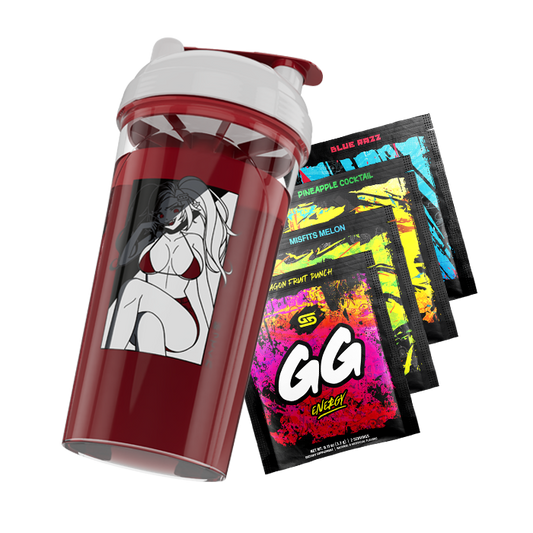 Red and white shaker cup with a black-and-white anime woman in a bikini and five colorful energy drink packets.