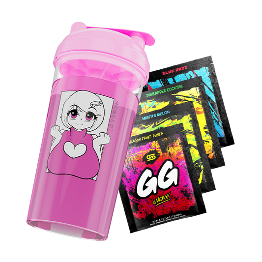 Pink shaker cup with anime girl illustration and four colorful GG Energy drink mix packets in varied flavors.