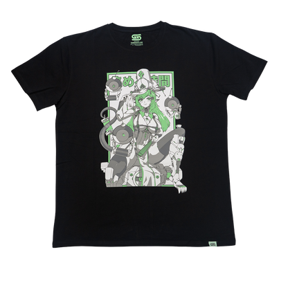 Black t-shirt sizing chart with measurements for chest, hem, sleeve, length, cuff, and shoulder from S to 6XL.