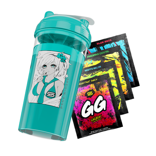 Teal shaker cup with anime girl illustration and four colorful GG Energy drink mix packets fanned out beside it.