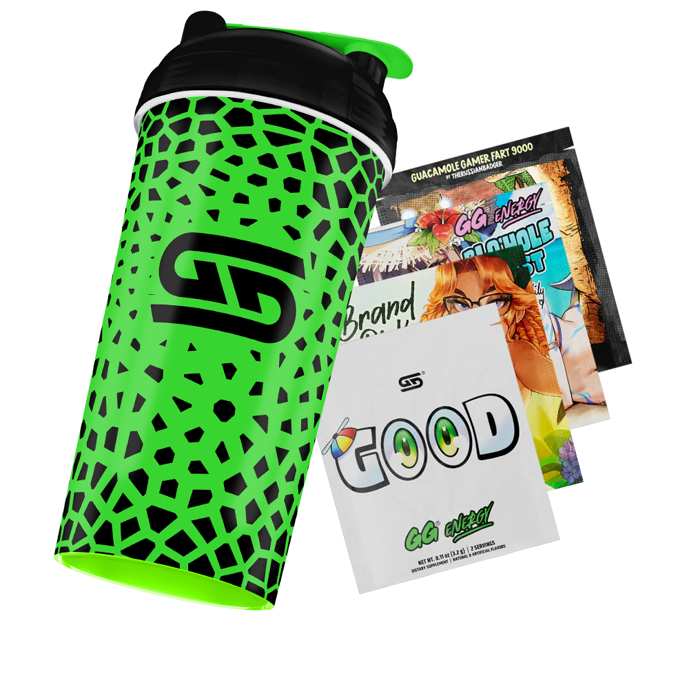 Green shaker bottle with black irregular polygon pattern and black lid with green flip cap.