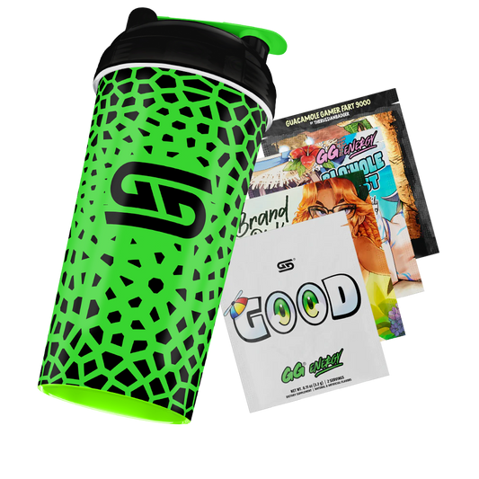 Green shaker bottle with black irregular polygon pattern and black lid with green flip cap.