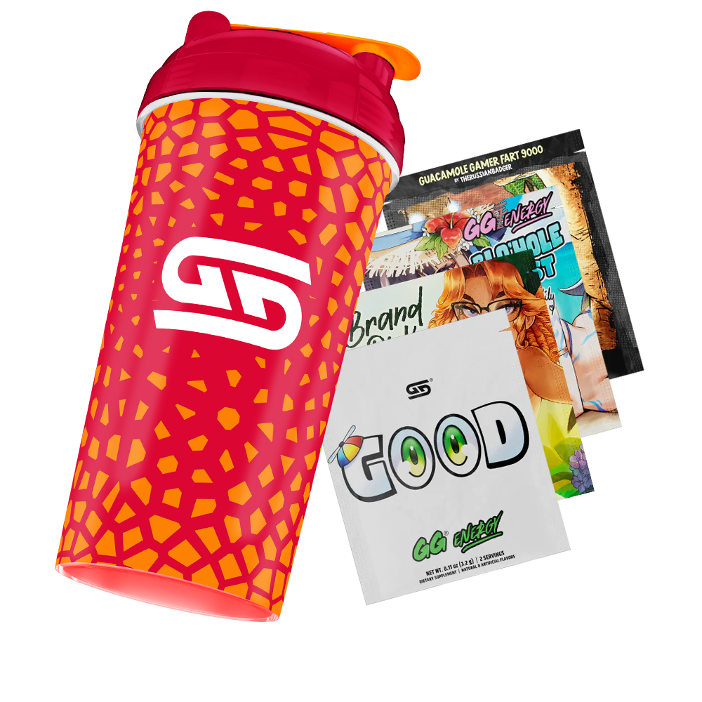 Red shaker bottle with orange cracked pattern and white stylized logo, topped with a red lid and orange flip cap.
