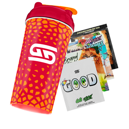 Red shaker bottle with orange cracked pattern and white stylized logo, topped with a red lid and orange flip cap.
