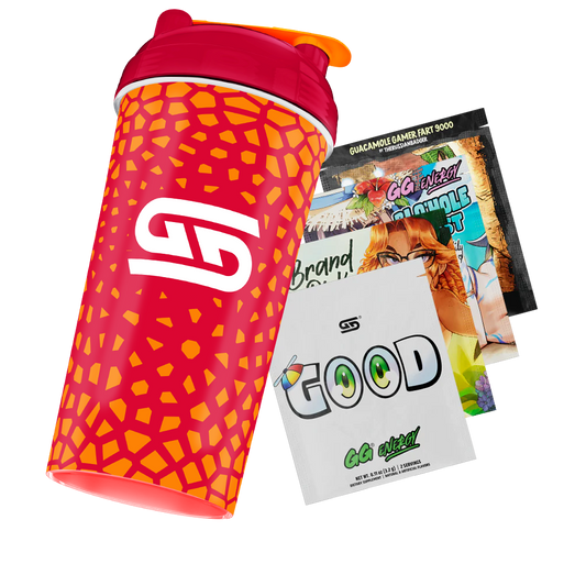 Red shaker bottle with orange cracked pattern and white stylized logo, topped with a red lid and orange flip cap.