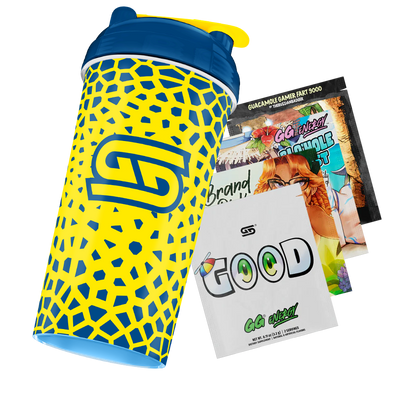 Yellow and blue shaker bottle with a geometric Komodo dragon scale pattern and a blue lid with yellow flip cap.