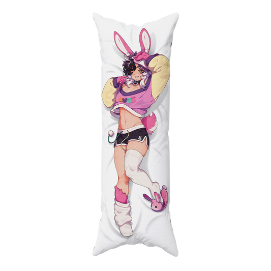 A long white body pillow featuring a printed anime-style illustration of a bunny-themed character in a pink and yellow outfit with black shorts, shown on a plain white background.