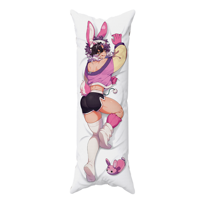 A long white body pillow featuring a printed anime-style bunny-themed character in pink, purple, black, and white, with a small matching bunny slipper graphic near the bottom.