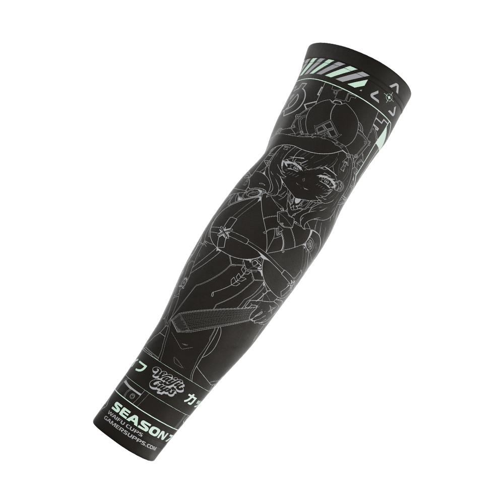 Black gaming sleeve featuring a detailed white line art of a futuristic anime-style female character with mint green accents.