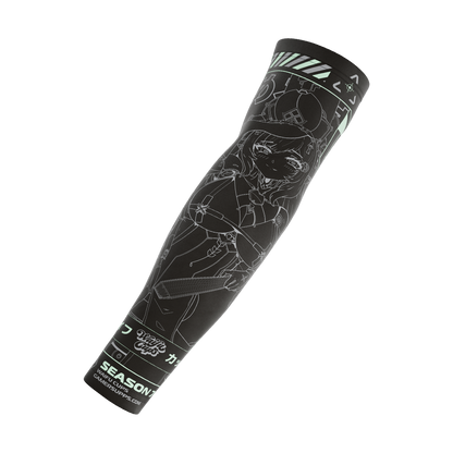 Black gaming sleeve featuring a detailed white line art of a futuristic anime-style female character with mint green accents.