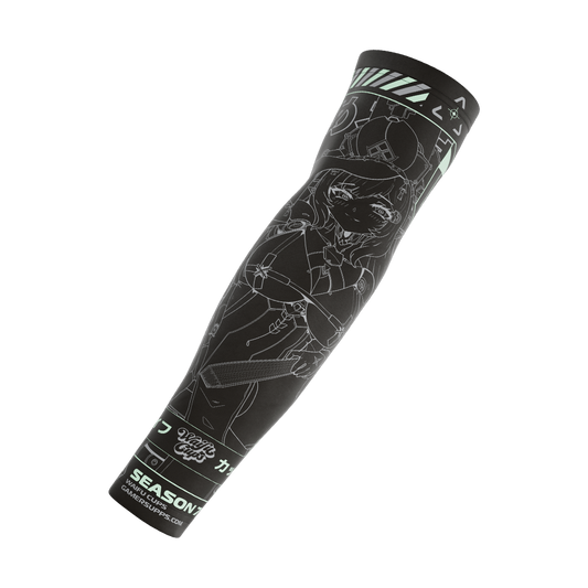 Black gaming sleeve featuring a detailed white line art of a futuristic anime-style female character with mint green accents.