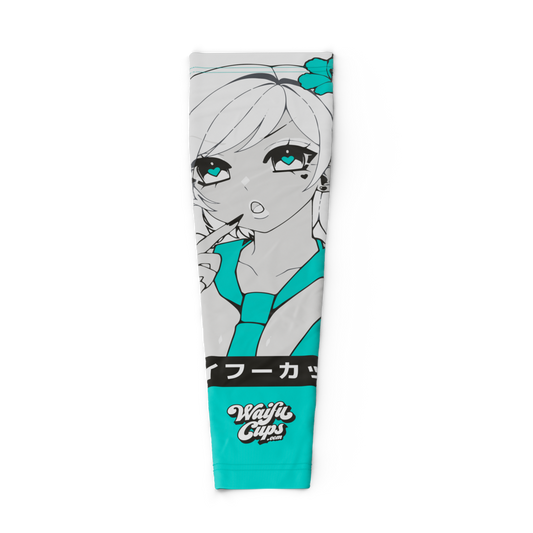 2XL gaming sleeve with anime girl in teal outfit, heart-shaped eyes, and teal flower accent on white background.