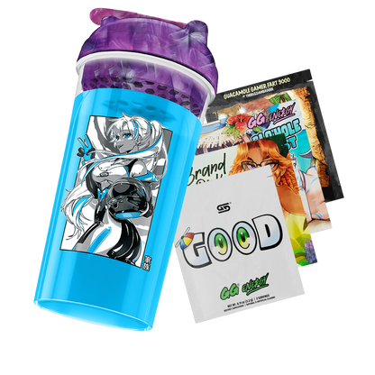 Blue cup with a black and white anime girl holding a helmet and a purple marbled lid with a flip cap.